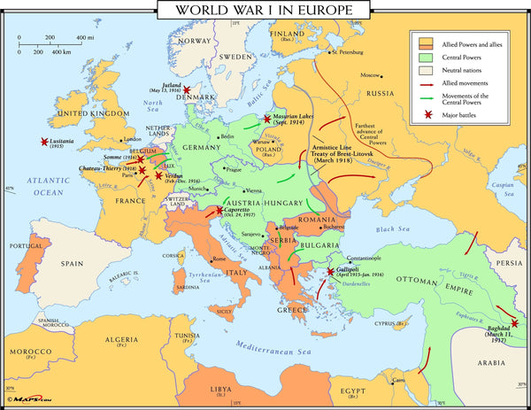 World War I in Europe Wall Map Maps.com