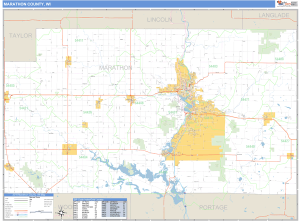 Marathon County, Wisconsin Zip Code Wall Map Market Maps (IDI)