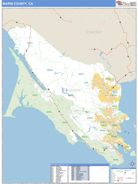 Marin County, California Zip Code Wall Map Market Maps (IDI)