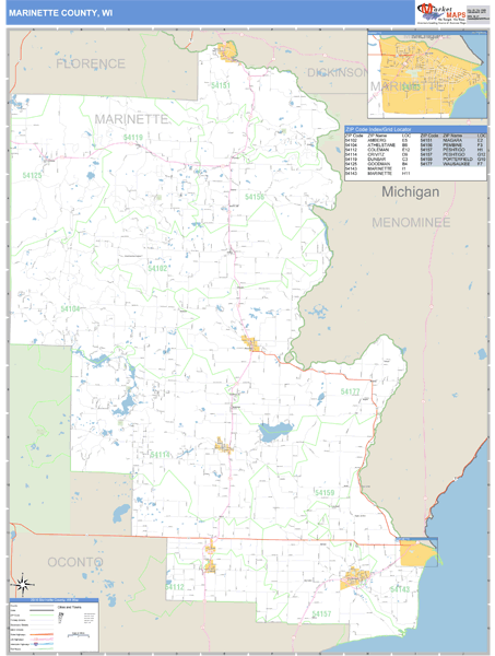 Marinette County, Wisconsin Zip Code Wall Map Market Maps (IDI)