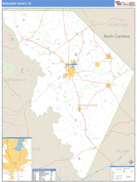Marlboro County, South Carolina Zip Code Wall Map Market Maps (IDI)