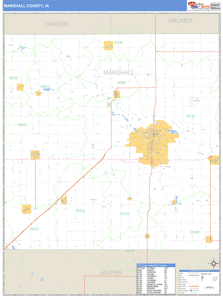 Marshall County, Iowa Zip Code Wall Map Market Maps (IDI)