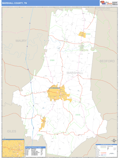Marshall County, Tennessee Zip Code Wall Map Market Maps (IDI)