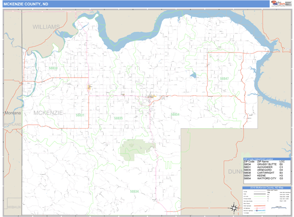 McKenzie County, North Dakota Zip Code Wall Map Market Maps (IDI)