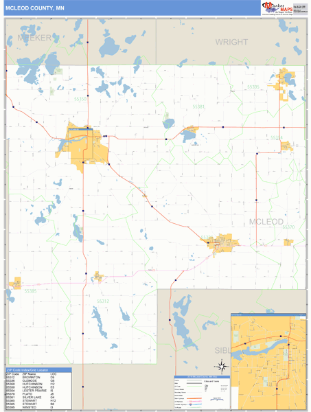 McLeod County, Minnesota Zip Code Wall Map Market Maps (IDI)