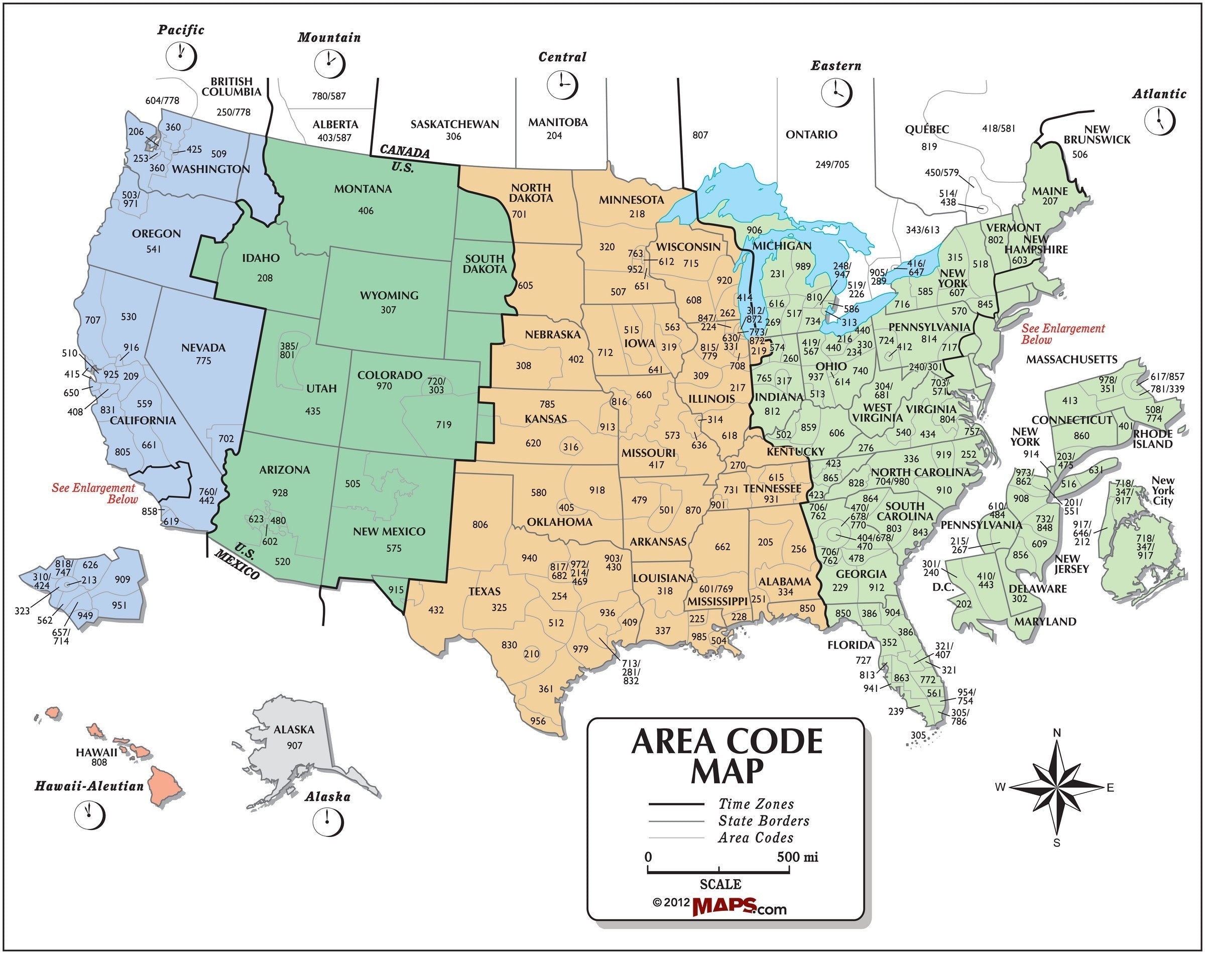 USA Area Code and Time Zone Wall Map | Map Geek.com