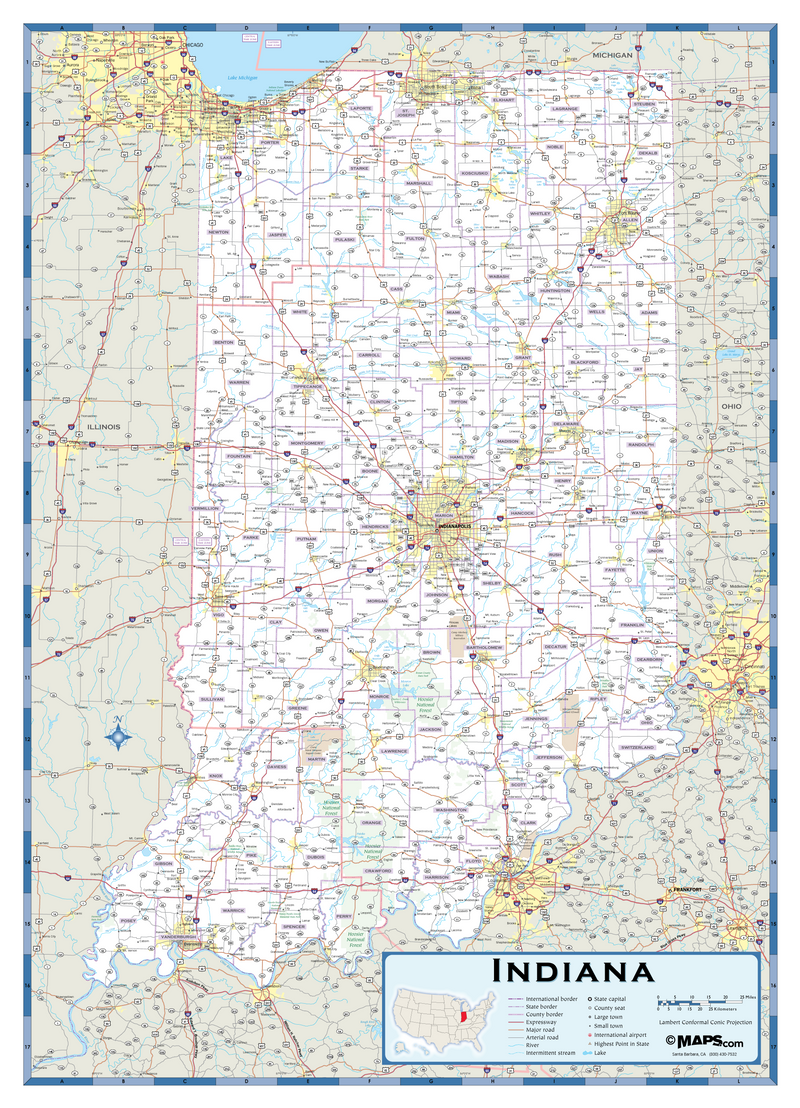 Indiana Highway Wall Map Maps.com