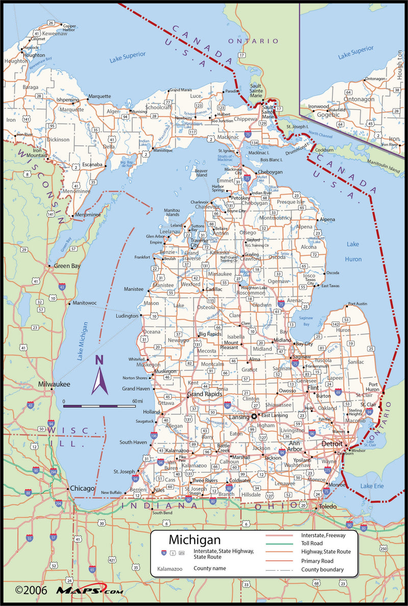 Michigan County Wall Map Maps.com