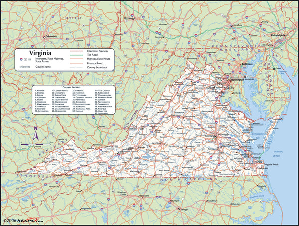 Virginia County Wall Map Maps.com