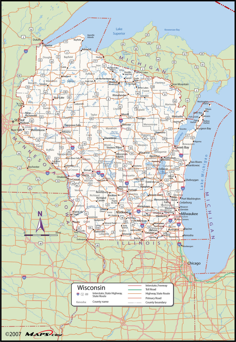 Wisconsin Map Countriea This Wisconsin Wall Map delivers just the right amount of information ...