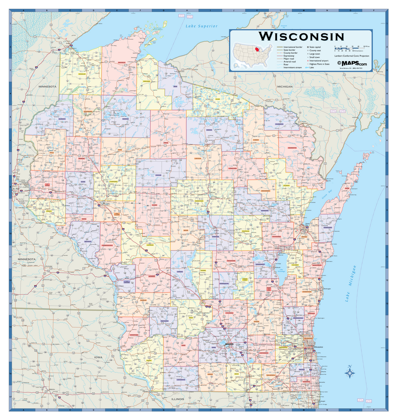 Wisconsin Counties Wall Map Maps.com