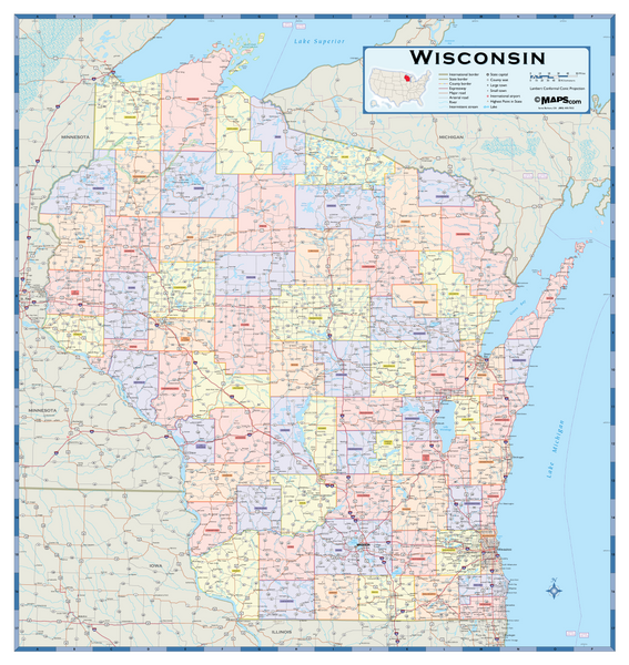 Wisconsin Counties Wall Map Maps.com