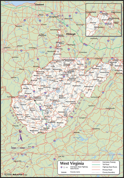 Wwv Map West Virginia County Wall Map | Map Geek.com