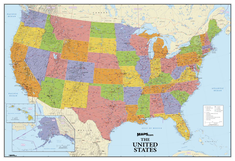 USA Political Wall Map with Elevation Shading Maps.com