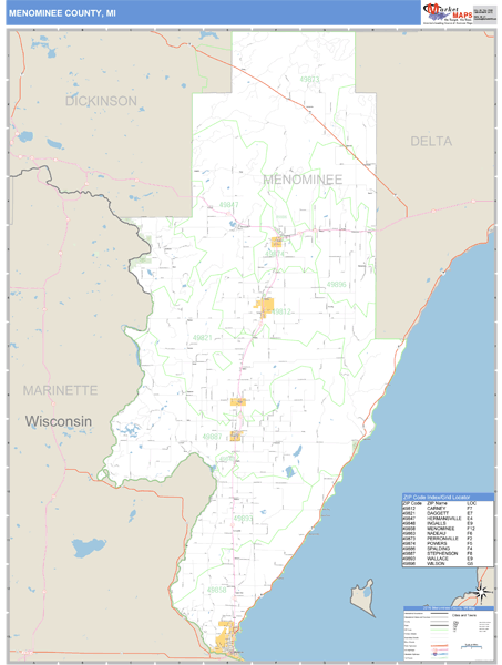 Menominee County, Michigan Zip Code Wall Map Market Maps (IDI)