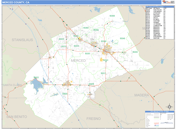 Merced County, California Zip Code Wall Map | Map Geek.com