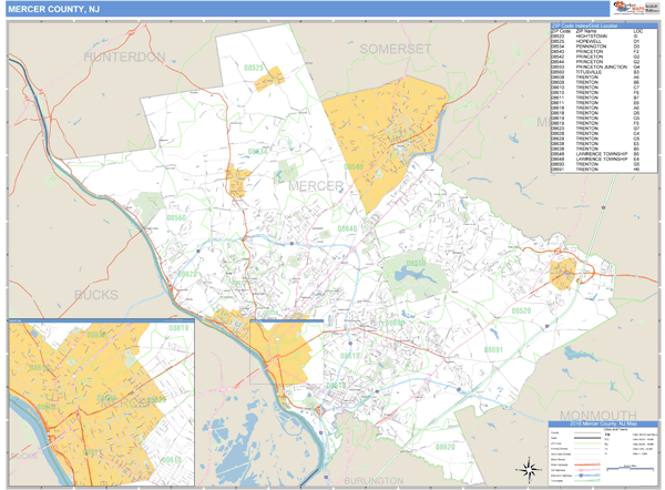 Mercer County, New Jersey Zip Code Wall Map Market Maps (IDI)