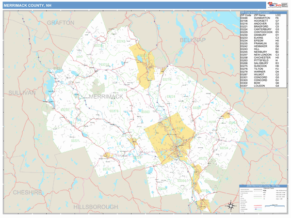 Merrimack County, New Hampshire Zip Code Wall Map Market Maps (IDI)