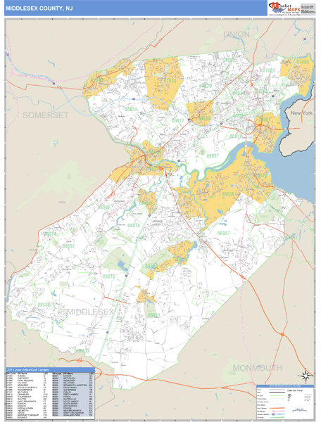 Middlesex County, New Jersey Zip Code Wall Map Market Maps (IDI)