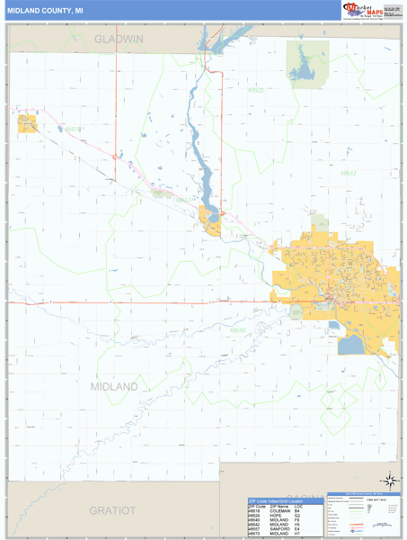 Midland County, Michigan Zip Code Wall Map | Map Geek.com