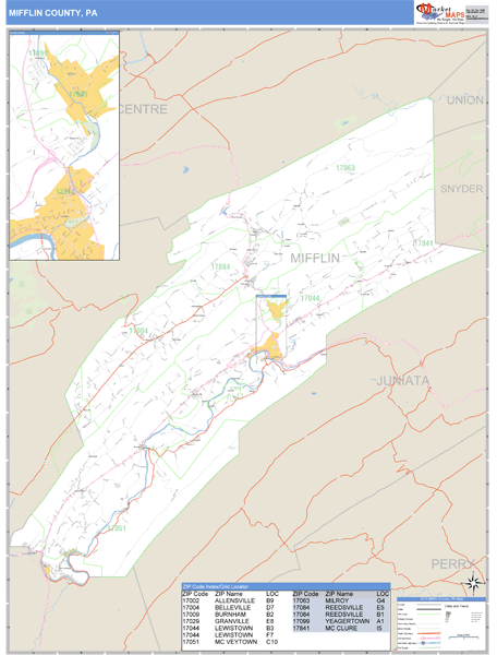 Mifflin County, Pennsylvania Zip Code Wall Map Market Maps (IDI)