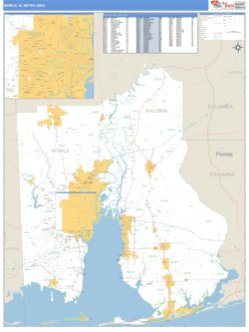Mobile, Alabama Metro Area Wall Map Market Maps (IDI)