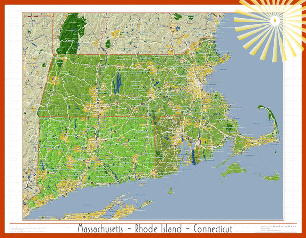 Massachusetts, Connecticut and Rhode Island Soleil Wall Map Maps.com