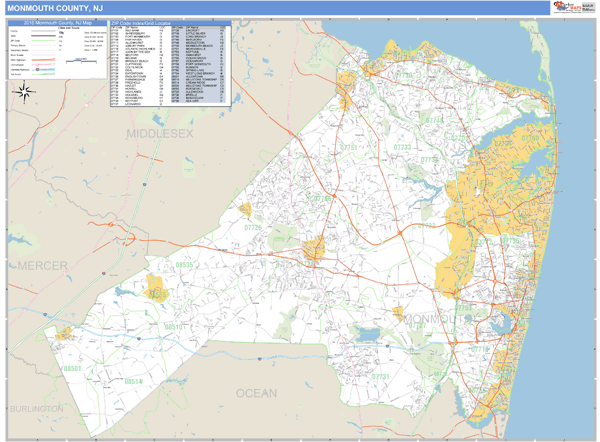 Monmouth County, New Jersey Zip Code Wall Map Market Maps (IDI)