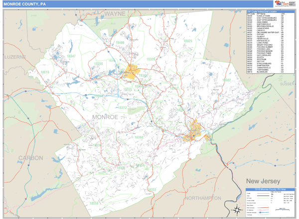 Monroe County, Pennsylvania Zip Code Wall Map Market Maps (IDI)
