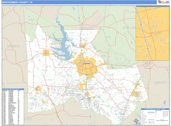 Montgomery County, Texas Zip Code Wall Map | Map Geek.com