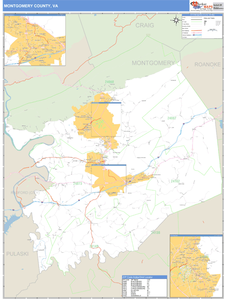 Montgomery County, Virginia Zip Code Wall Map Market Maps (IDI)