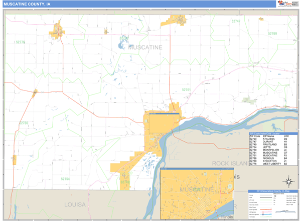 Muscatine County, Iowa Zip Code Wall Map Market Maps (IDI)