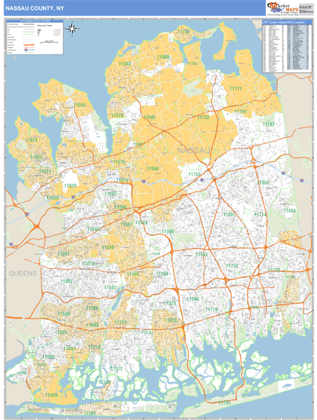 Nassau County, New York Zip Code Wall Map Market Maps (IDI)