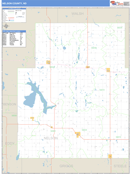 Nelson County, North Dakota Zip Code Wall Map Market Maps (IDI)