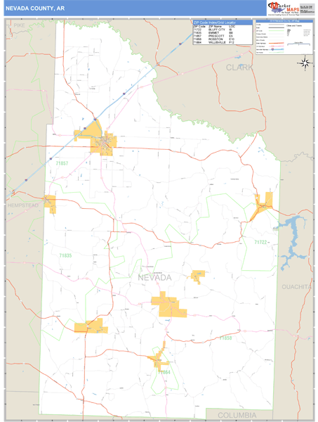 Nevada County, Arkansas Zip Code Wall Map Market Maps (IDI)