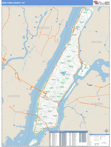 New York County, New York Zip Code Wall Map Market Maps (IDI)