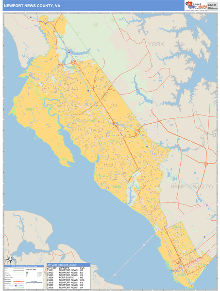 Newport News County, Virginia Zip Code Wall Map | Map Geek.com