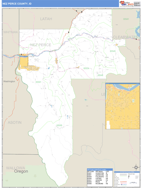 Nez Perce County, Idaho Zip Code Wall Map Market Maps (IDI)
