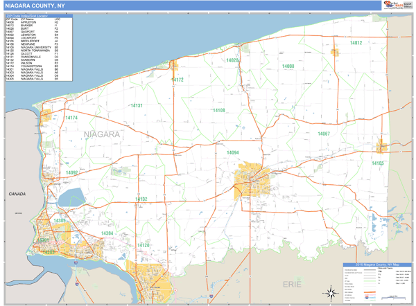 Niagara County, New York Zip Code Wall Map Market Maps (IDI)