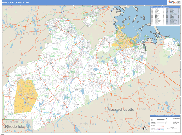 Norfolk County, Massachusetts Zip Code Wall Map Market Maps (IDI)