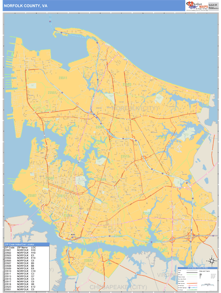 Norfolk County, Virginia Zip Code Wall Map Market Maps (IDI)