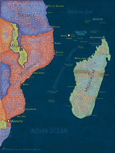 Vibrant Mozambique Channel Cartographic  Wall Art
