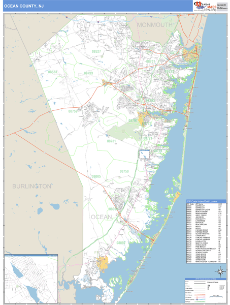 Ocean County, New Jersey Zip Code Wall Map Market Maps (IDI)