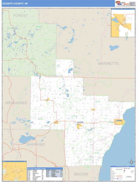 Oconto County, Wisconsin Zip Code Wall Map Market Maps (IDI)