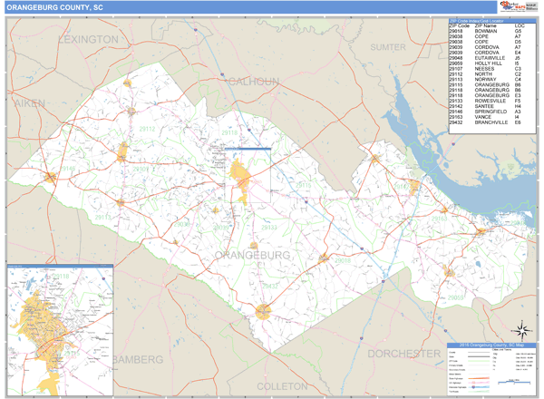 Orangeburg County, South Carolina Zip Code Wall Map Market Maps (IDI)