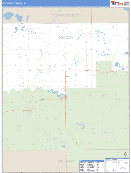 Oscoda County, Michigan Zip Code Wall Map Market Maps (IDI)