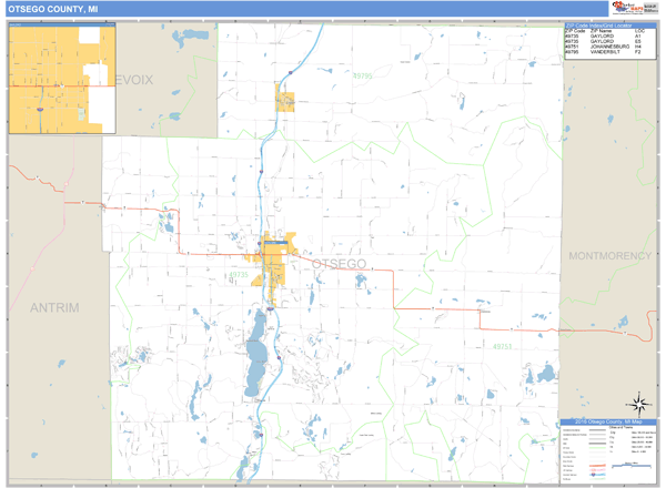 Otsego County, Michigan Zip Code Wall Map Market Maps (IDI)