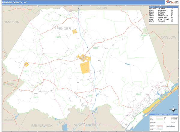 Pender County, North Carolina Zip Code Wall Map Market Maps (IDI)