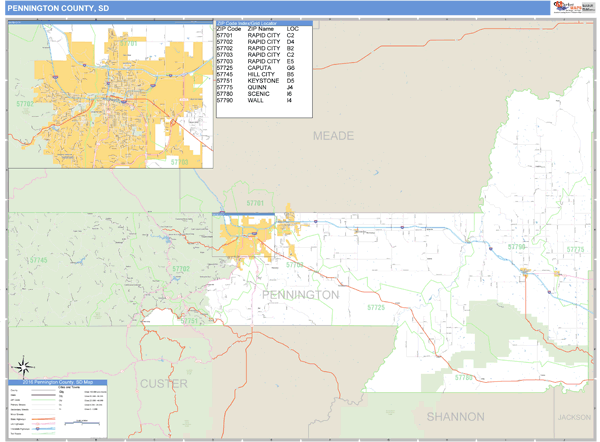 Pennington County, South Dakota Zip Code Wall Map Market Maps (IDI)