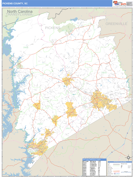 Pickens County, South Carolina Zip Code Wall Map Market Maps (IDI)